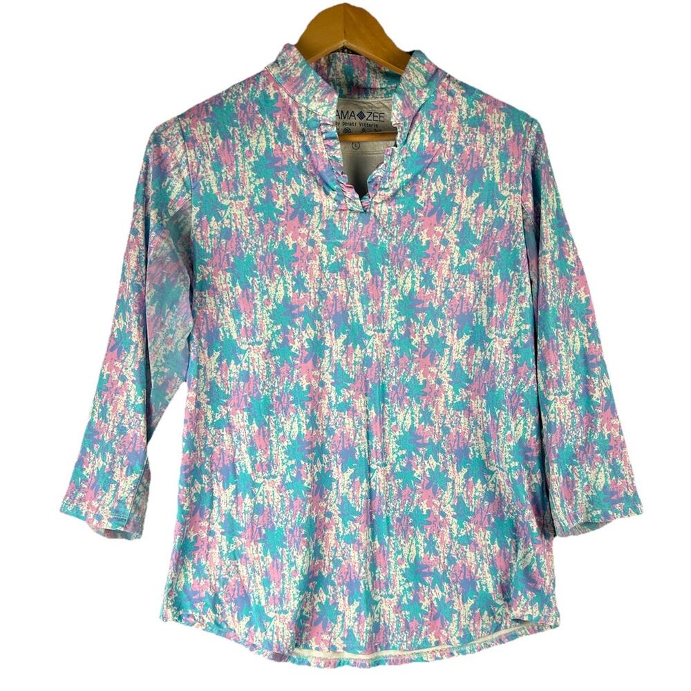 Fama Zee Ruffle Neck 3/4 Sleeve Top Tropical Womens Sz Large Golf Blue Pink